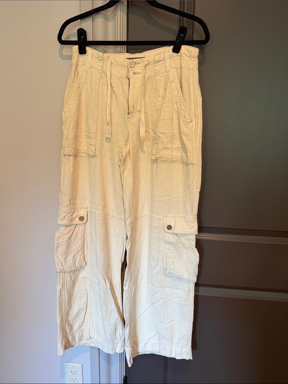 Anthropologie Men's Cream Wide-Leg Cargo Trousers